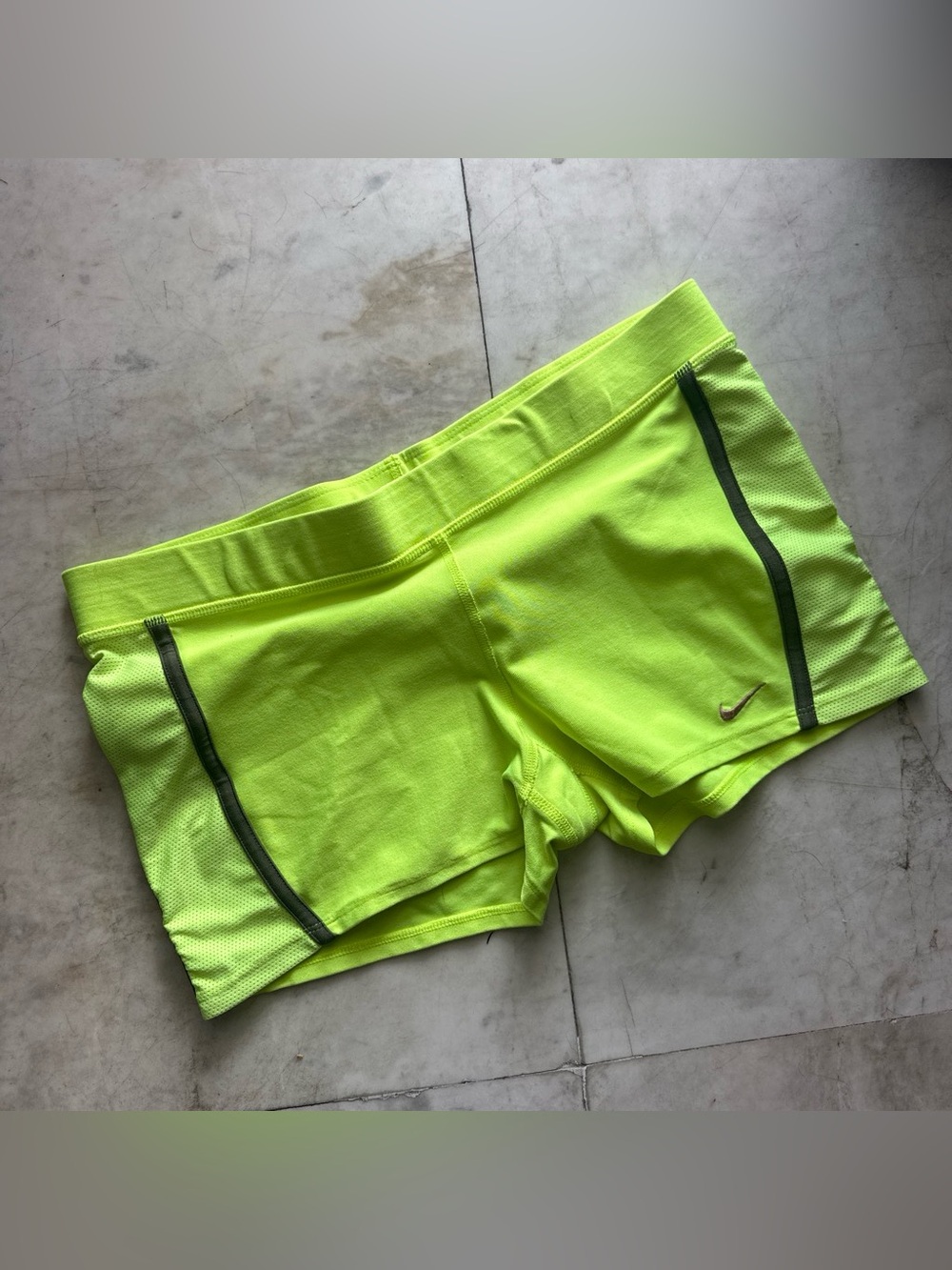 Nike Dri-Fit neon green/yellow compression running shorts with black side stripe